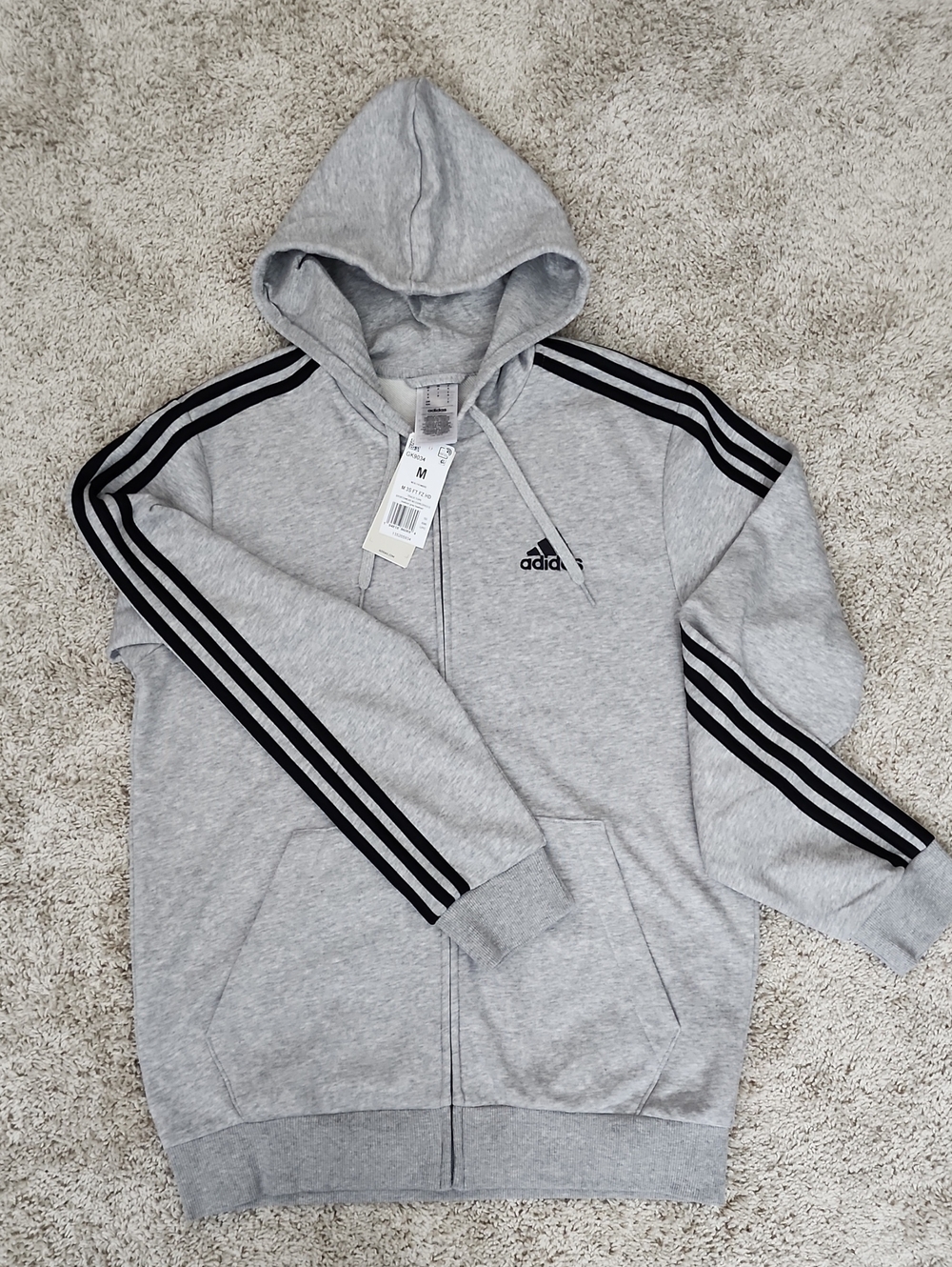 adidas Light Gray Full-Zip Hoodie with Black Stripes